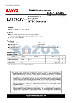 LA72703V datasheet - Monolithic Linear IC For US TV BTSC Decoder