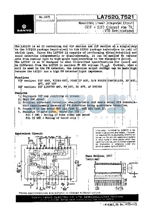 LA7520 datasheet - VIFSIF Circuit for TV, VTR Applications