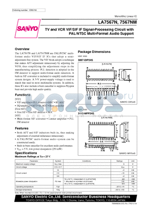 LA7567NM datasheet - TV and VCR VIF/SIF IF Signal-Processing Circuit with PAL/NTSC Multi-Format Audio Support