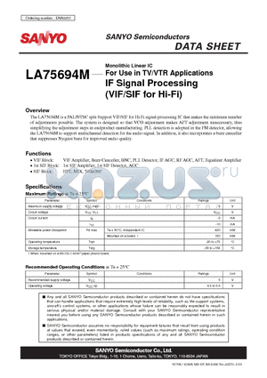 LA75694M datasheet - For Use in TV/VTR Applications IF Signal Processing (VIF/SIF for Hi-Fi)