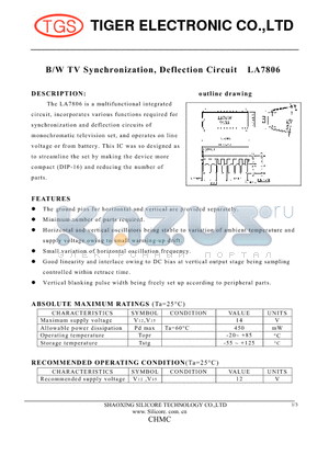 LA7806 datasheet - B/W TV Synchronization, Deflection Circuit