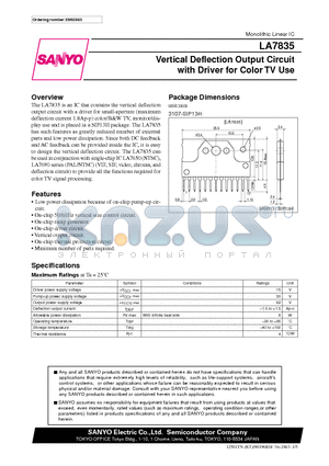 LA7835 datasheet - Vertical Deflection Output Circuit with Driver for Color TV Use