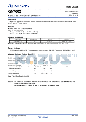 QN7002 datasheet - N-CHANNEL MOSFET FOR SWITCHING