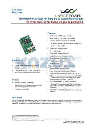 QPW025A0F64 datasheet - 36-75Vdc Input; 3.3Vdc Output Voltage; 25A Output Current