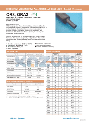 QRA3 datasheet - HEAT SHRINK MEDIUM / HEAVY WALL TUBING - ADHESIVE LINED