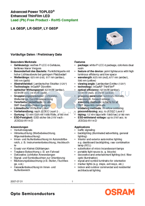 LAG6SP-CBEA-24-1 datasheet - Advanced Power TOPLED Enhanced ThinFilm LED Lead (Pb) Free Product - RoHS Compliant