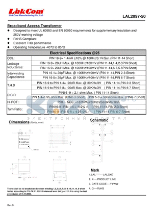 LAL2097-50 datasheet - Broadband Access Transformer