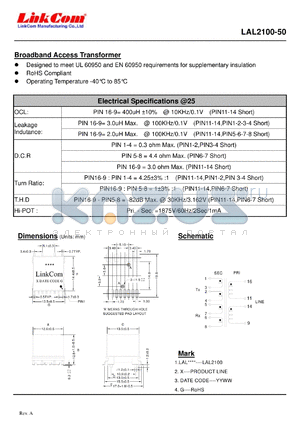 LAL2100-50 datasheet - Broadband Access Transformer