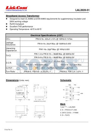 LAL2020-51 datasheet - Broadband Access Transformer