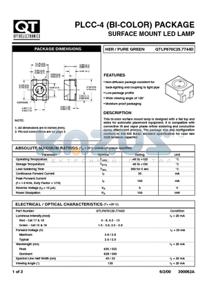 QTLP670C-25 datasheet - PLCC-4 (BI-COLOR) PACKAGE SURFACE MOUNT LED LAMP