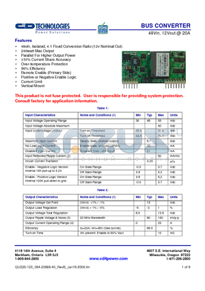 QUS20-120-NVDRC datasheet - BUS CONVERTER 48Vin, 12Vout @ 20A