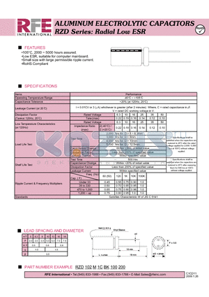 RZD102M1CBK100200 datasheet - ALUMINUM ELECTROLYTIC CAPACITORS RZD Series: Radial Low ESR