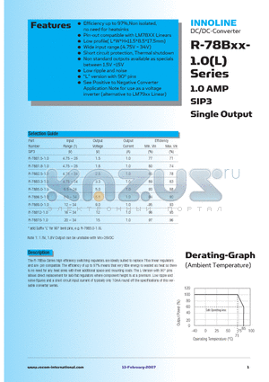 R-78B3.3-1.0 datasheet - 1.0 AMP SIP3 Single Output