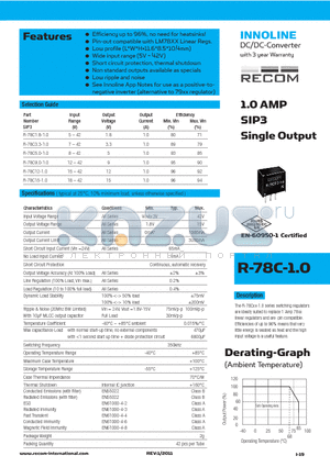 R-78C15-1.0 datasheet - 1.0 AMP SIP3 Single Output