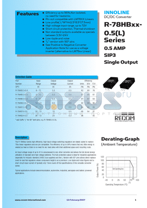 R-78HB15-0.5L datasheet - 0.5 AMP SIP3 Single Output