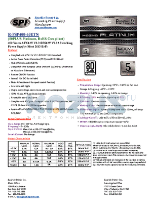 R-FSP400-60ETN datasheet - 400 Watts ATX12V V2.3 EPS12V V2.92 Switching Power Supply