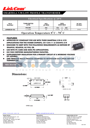 LAN0019-01 datasheet - SMARTDAA V.90 LOW PROFILE TRANSFORMER