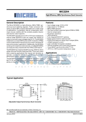 MIC2204 datasheet - High-Efficiency 2MHz Synchronous Buck Converter