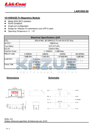 LAN1050-50 datasheet - 10/100BASE-Tx Magnetics Module
