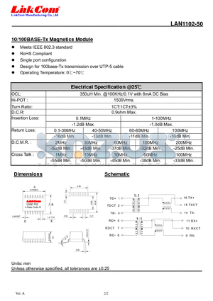 LAN1102-50 datasheet - 10/100BASE-Tx Magnetics Module