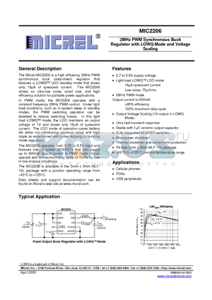 MIC2206 datasheet - 2MHz PWM Synchronous Buck Regulator with LOWQ Mode and Voltage Scaling