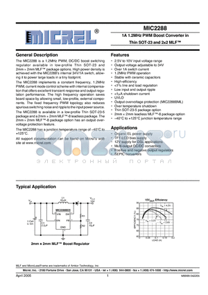 MIC2288YD5 datasheet - 1A 1.2MHz PWM Boost Converter in Thin SOT-23 and 22 MLF