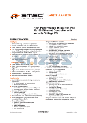 LAN9221 datasheet - High-Performance 16-bit Non-PCI 10/100 Ethernet Controller with Variable Voltage I/O