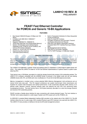 LAN91C110 datasheet - FEAST FAST ETHERNET CONTROLLER FOR PCMCIA AND GENERIC 16-BIT APPLICATIONS
