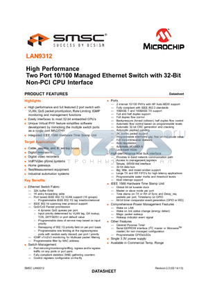 LAN9312-NZW datasheet - High Performance Two Port 10/100 Managed Ethernet Switch with 32-Bit Non-PCI CPU Interface