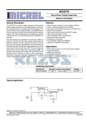 MIC2775-XXBM5 datasheet - Micro-Power Voltage Supervisor Advance Information