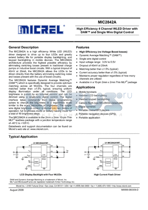 MIC2842A datasheet - High Efficiency 4 Channel WLED Driver with DAM and Single Wire Digital Control