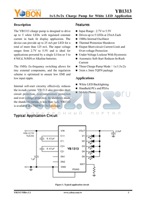 YB1313 datasheet - 1x/1.5x/2x Charge Pump for White LED Application