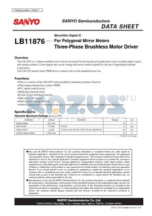 LB11876 datasheet - Monolithic Digital IC For Polygonal Mirror Motors Three-Phase Brushless Motor Driver