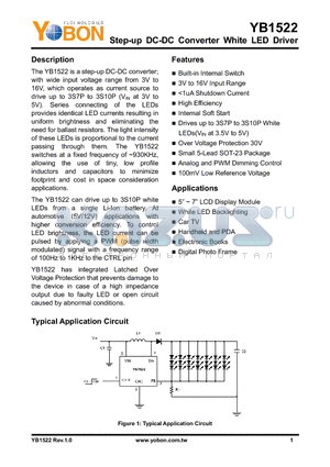 YB1522ST25 datasheet - Step-up DC-DC Converter White LED Driver