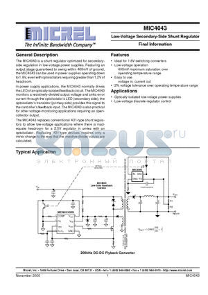 MIC4043YM4 datasheet - Low-Voltage Secondary-Side Shunt Regulator Final Information