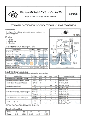 LB125E datasheet - TECHNICAL SPECIFICATIONS OF NPN EPITAXIAL PLANAR TRANSISTOR