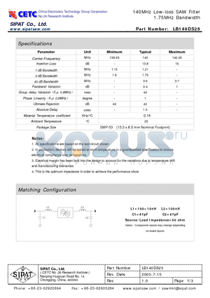 LB140DS25 datasheet - 140MHz Low-loss SAW Filter 1.75MHz Bandwidth