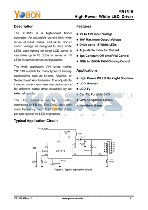 YB1519 datasheet - High-Power White LED Driver