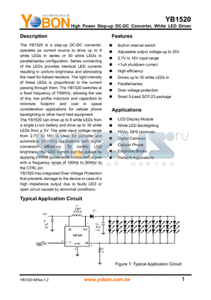 YB1520ST25 datasheet - High Power Step-up DC-DC Converter, White LED Driver