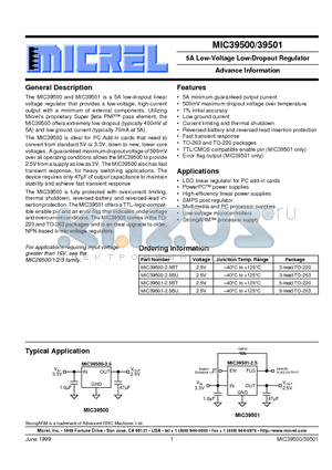 MIC39500-2.5BT datasheet - 5A Low-Voltage Low-Dropout Regulator Advance Information