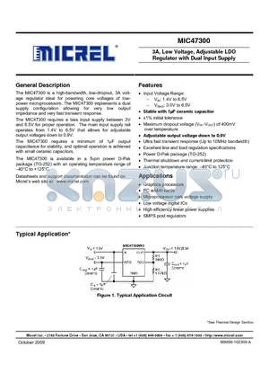 MIC47300 datasheet - 3A, Low Voltage, Adjustable LDO Regulator with Dual Input Supply