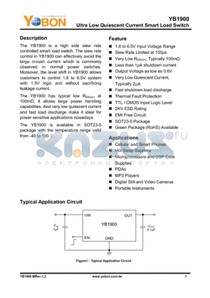 YB1900 datasheet - Ultra Low Quiescent Current Smart Load Switch
