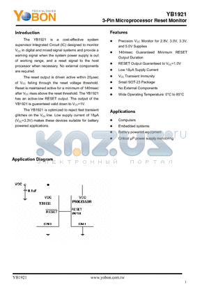 YB1921 datasheet - 3-Pin Microprocessor Reset Monitor