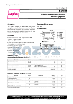 LB1824 datasheet - Power Brushless Motor Driver for OA Equipment