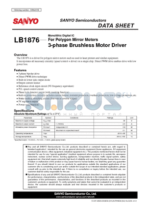 LB1876_09 datasheet - For Polygon Mirror Motors 3-phase Brushless Motor Driver