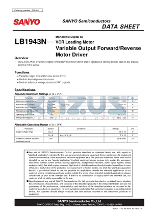 LB1943N datasheet - Monolithic Digital IC VCR Loading Motor Variable Output Forward/Reverse Motor Driver