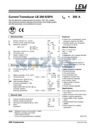 LB200-S datasheet - Current Transducer LB 200-S/SP4