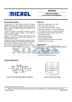MIC5233-3.3YM5 datasheet - High Input Voltage Low IQ lCap LDO Regulator