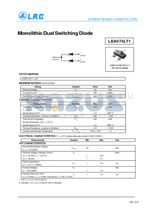 LBAV74LT1 datasheet - Monolithic Dual Switching Diode
