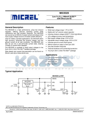 MIC5325 datasheet - Low VIN/VOUT 400mA ULDO with Ultra-Low IQ